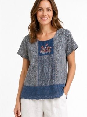 April Cornell Batik Embroidered Crochet Lace Top Size Large Boho Cotton Prairie